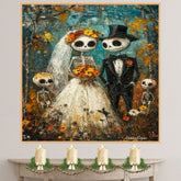 Skeleton Bride and Groom with Children – Día de los Muertos Wedding in Colorful Autumn Forest on Ready to Hang 1.5" Thick Canvas Wrap, Floating Framed Canvas, Flat Rolled Canvas